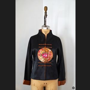 Vintage Black Sik Cheongsam Jacket with floral embroidery L